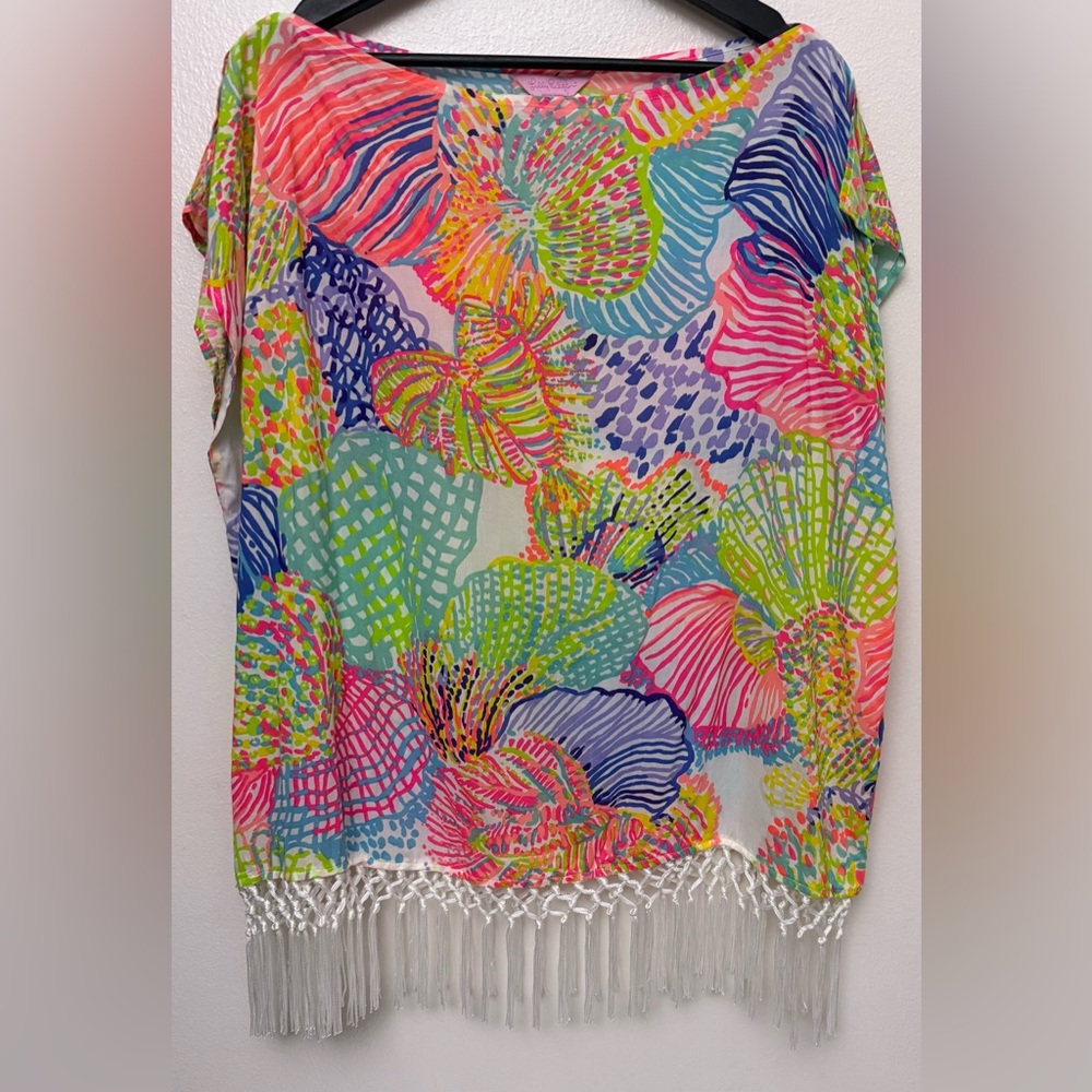 Lilly Pulitzer Pink and Blue‎ Swim Coverup with Fringe M/L - Picture 2 of 7